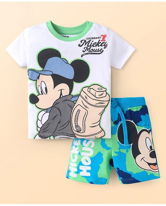 Babyhug Disney Single Jersey Knit Half Sleeves T-Shirt & Shorts Set With Mickey Mouse & Camouflage Graphics - White & Blue