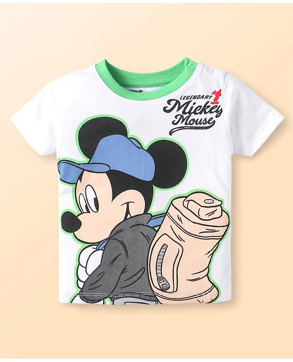 Babyhug Disney Single Jersey Knit Half Sleeves T-Shirt & Shorts Set With Mickey Mouse & Camouflage Graphics - White & Blue