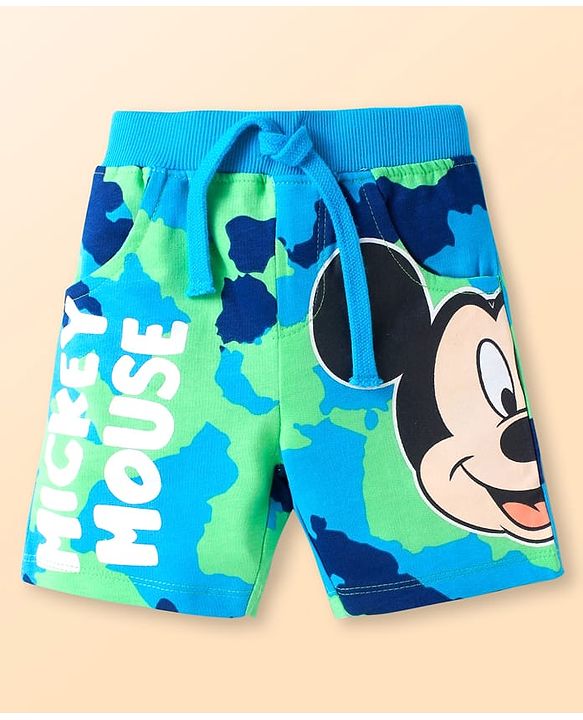 Babyhug Disney Single Jersey Knit Half Sleeves T-Shirt & Shorts Set With Mickey Mouse & Camouflage Graphics - White & Blue