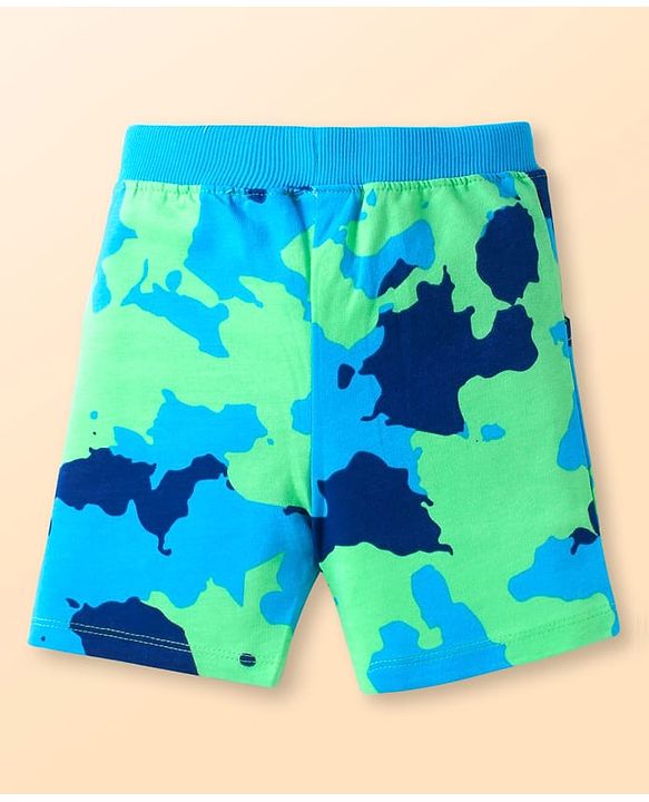 Babyhug Disney Single Jersey Knit Half Sleeves T-Shirt & Shorts Set With Mickey Mouse & Camouflage Graphics - White & Blue