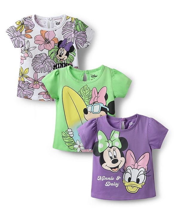 Babyhug Disney Single Jersey Knit Half Sleeves T-Shirts with Minnie Mouse Graphics Pack of 3 - White Light Green & Purple