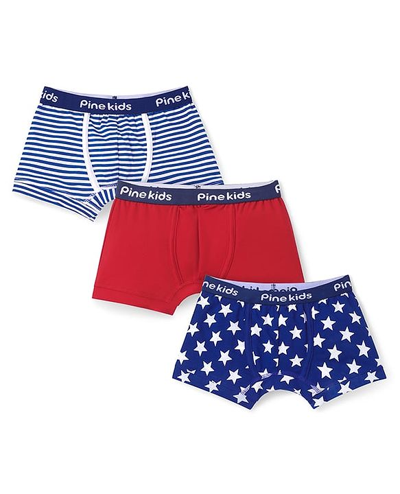 Pine Kids Cotton Knit Trunks With Stripes & Star Print Pack Of 3 - Color May Vary