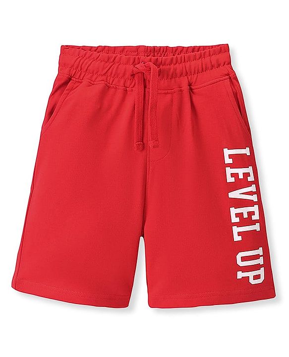 Pine Kids Looper Knit Above Knee Length Shorts With Text Print - Red
