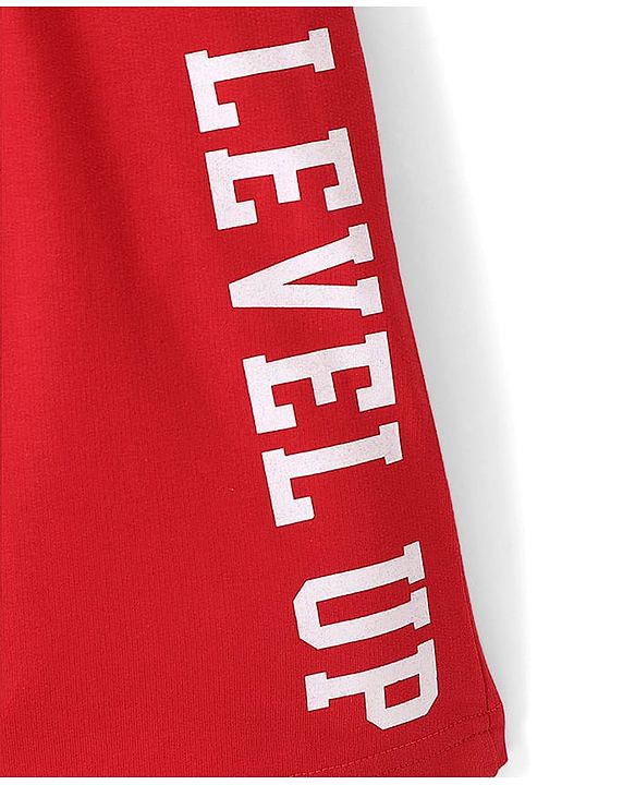 Pine Kids Looper Knit Above Knee Length Shorts With Text Print - Red