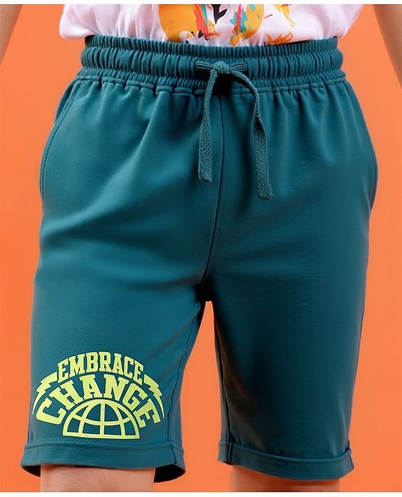 Pine Kids Looper Knit Above Knee Length Shorts With Text Print - Teal Blue