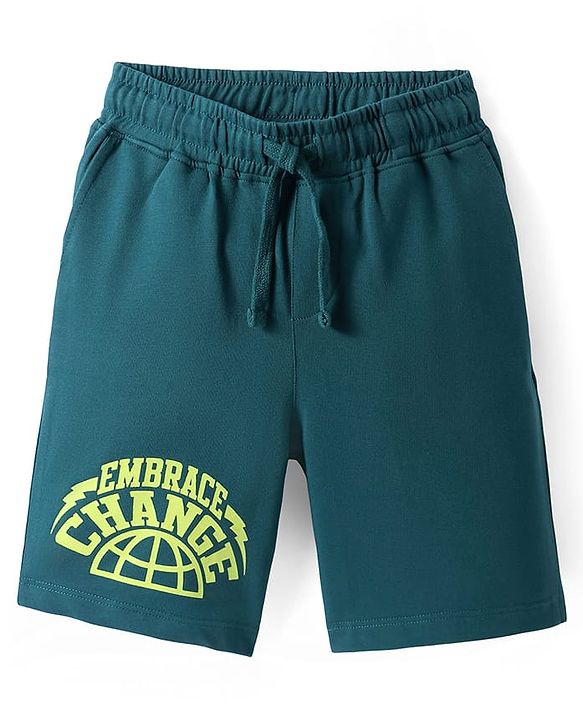 Pine Kids Looper Knit Above Knee Length Shorts With Text Print - Teal Blue