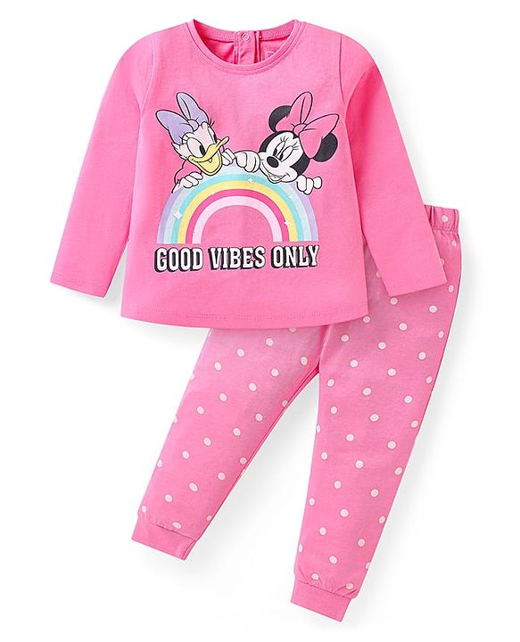 Babyhug Disney Single Jersey Knit Full Sleeves Night Suit With Minnie Mouse Graphics - Pink