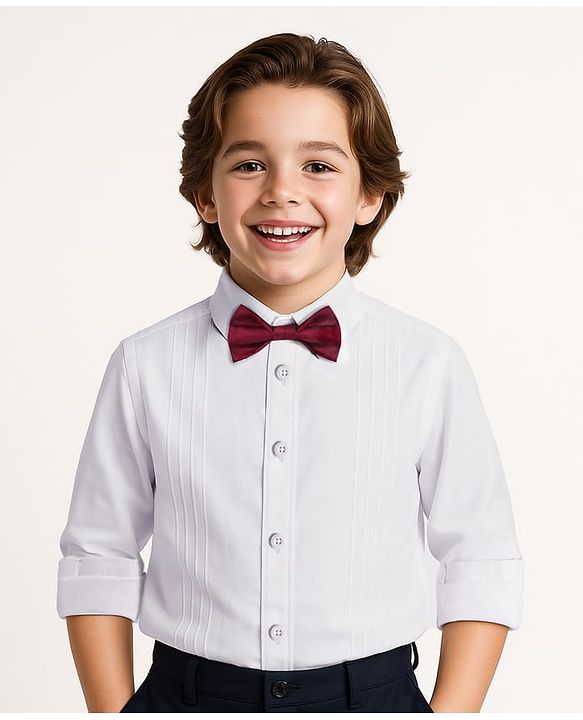 Pine Kids Cotton Woven Full Sleeves Party Shirt Solid Colour With Bow - White
