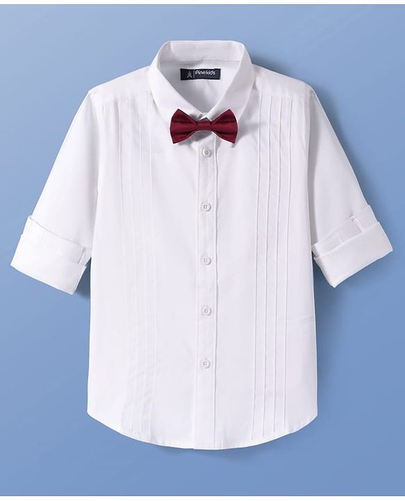 Pine Kids Cotton Woven Full Sleeves Party Shirt Solid Colour With Bow - White