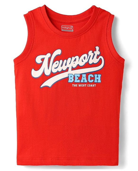 Babyhug Cotton Knit Sleeveless Tank T-Shirt With Newport Beach Text Print - Red