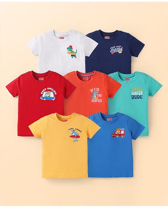 Babyhug Cotton Knit Half Sleeves T-Shirts with Beach Theme & Animal Print Pack of 7 - Multicolor