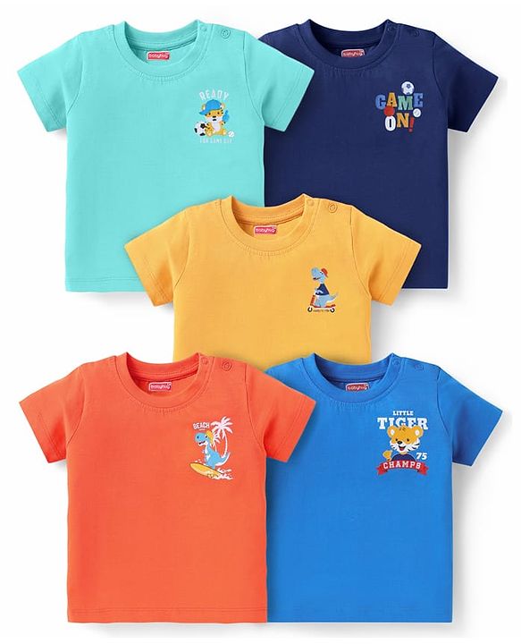 Babyhug Cotton Knit Half Sleeves T-Shirts With Animal Print Pack Of 5 - Navy Blue & Orange