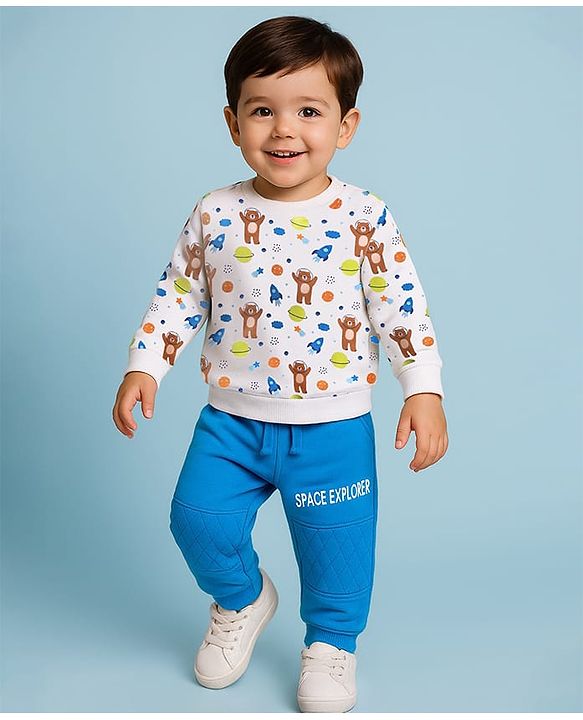 Babyhug Terry Knit Full Sleeves T-Shirt & Lounge Pant Set With Space Theme Print - White & Blue