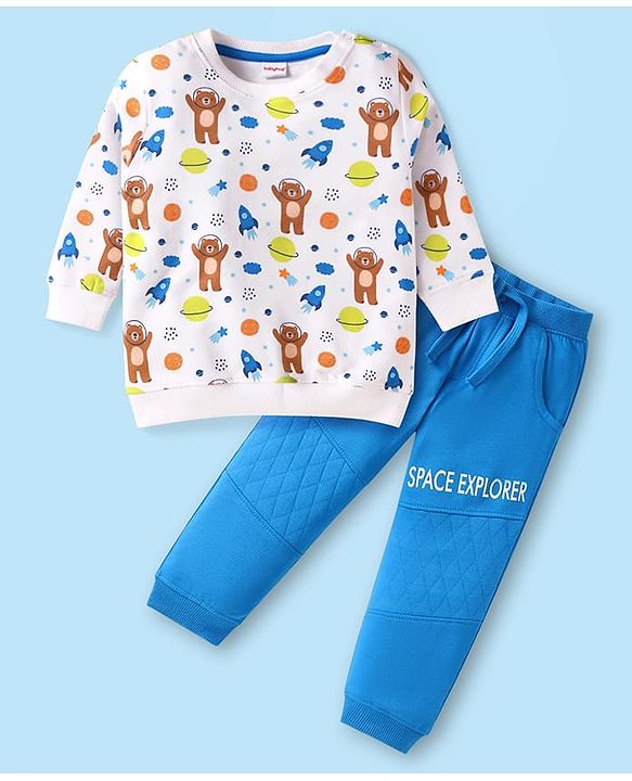 Babyhug Terry Knit Full Sleeves T-Shirt & Lounge Pant Set With Space Theme Print - White & Blue