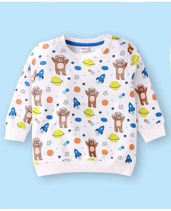 Babyhug Terry Knit Full Sleeves T-Shirt & Lounge Pant Set With Space Theme Print - White & Blue