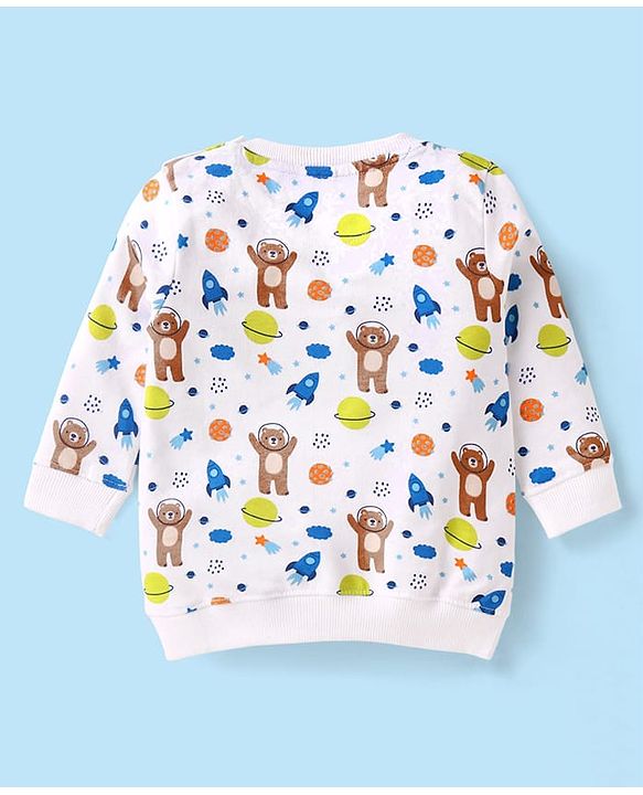 Babyhug Terry Knit Full Sleeves T-Shirt & Lounge Pant Set With Space Theme Print - White & Blue