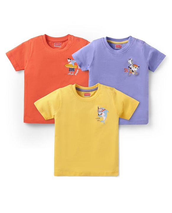 Babyhug Cotton Knit Half Sleeves T-Shirts With Animal Print Pack Of 3 - Yellow & Purple