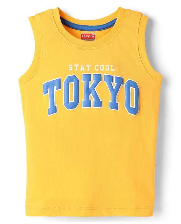 Babyhug Cotton Knit Sleeveless Tank T-Shirt With Tokyo Text Print - Yellow