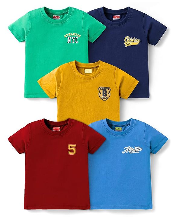 Babyhug Cotton Knit Half Sleeves T-Shirts with Nyc Text Print Pack of 5 - Navy Blue & Dark Red