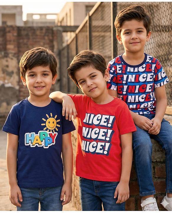 Babyhug Cotton Knit Half Sleeves T-Shirt with Happy & Nice Text Print Pack Of 3 - Navy Blue & Red