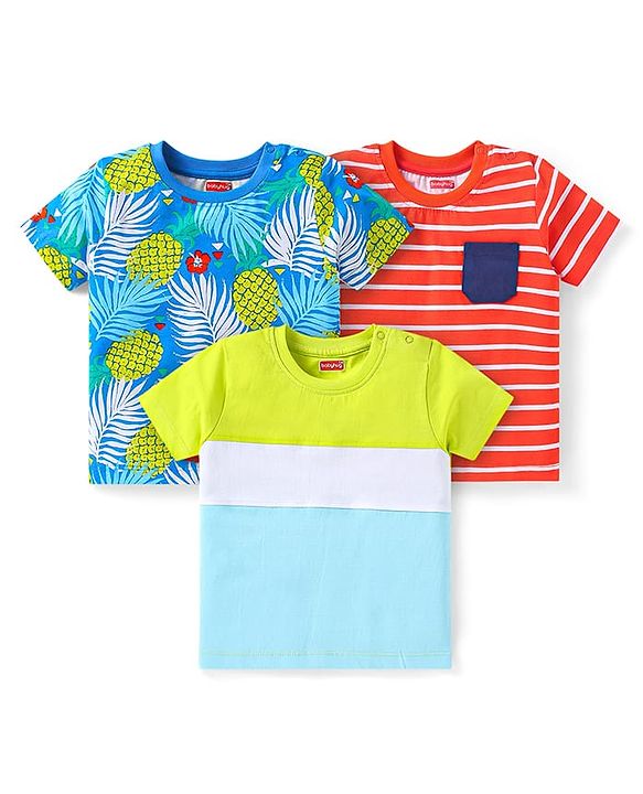 Babyhug Cotton Knit Half Sleeves T-Shirts With Stripes & Tropical Print Pack Of 3 - Red & Blue