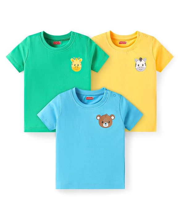 Babyhug Cotton Knit Half Sleeves T-Shirts With Animal Print Pack of 3 - Light Green Yellow & LIght Blue