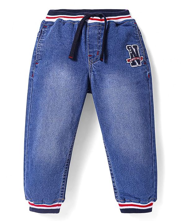 Babyhug Full Length Washed Denim Joggers With Stretch & Patch Detailing - Black