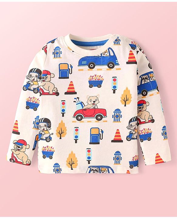 Babyhug Terry Knit Full Sleeves T-Shirt & Joggers Set with Vehicle Print - Blue