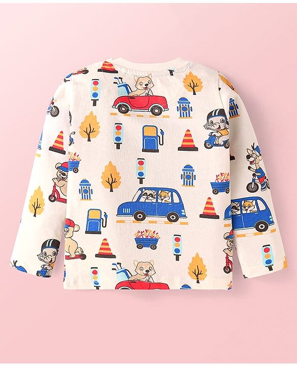 Babyhug Terry Knit Full Sleeves T-Shirt & Joggers Set with Vehicle Print - Blue