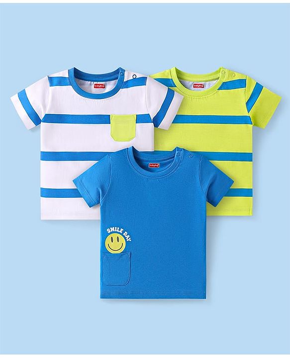 Babyhug Cotton Knit Half Sleeves T-Shirts With Stripes Pack Of 3 - White & Blue