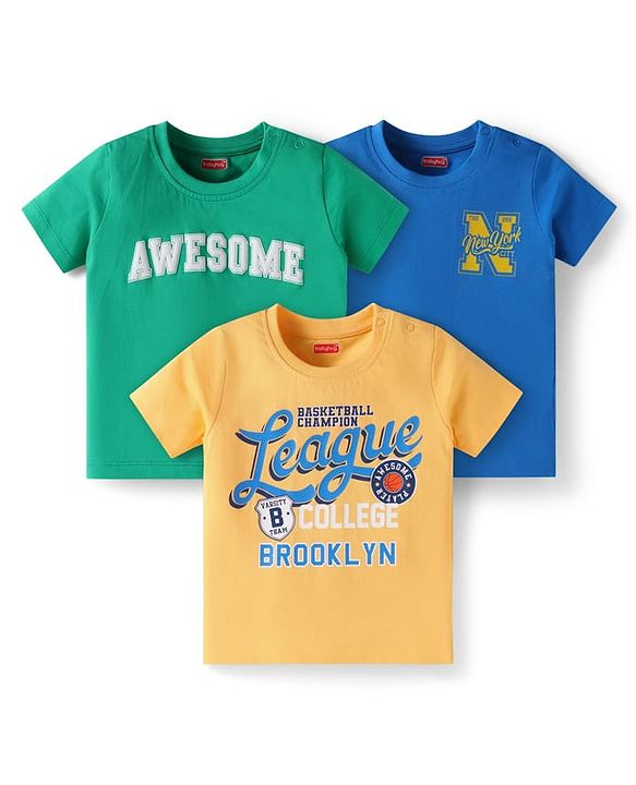 Babyhug Cotton Knit Half Sleeves T-Shirts With Text Print Pack of 3 - Yellow Blue & Green