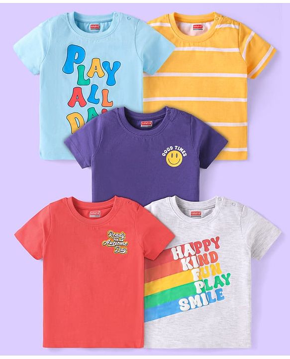 Babyhug Cotton Knit Half Sleeves  T-Shirts with Stripes & Text Print Pack of 5 - Blue Red & Yellow