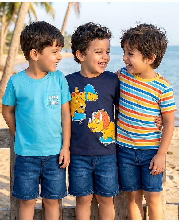 Babyhug Cotton Knit Half Sleeves T-Shirt with Stripes & Animal Print Pack Of 3 - Light Blue & Navy Blue