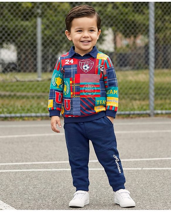 Babyhug Terry Knit Full Sleeves T-Shirt & Lounge Pants Set with Sports Theme Print - Navy Blue