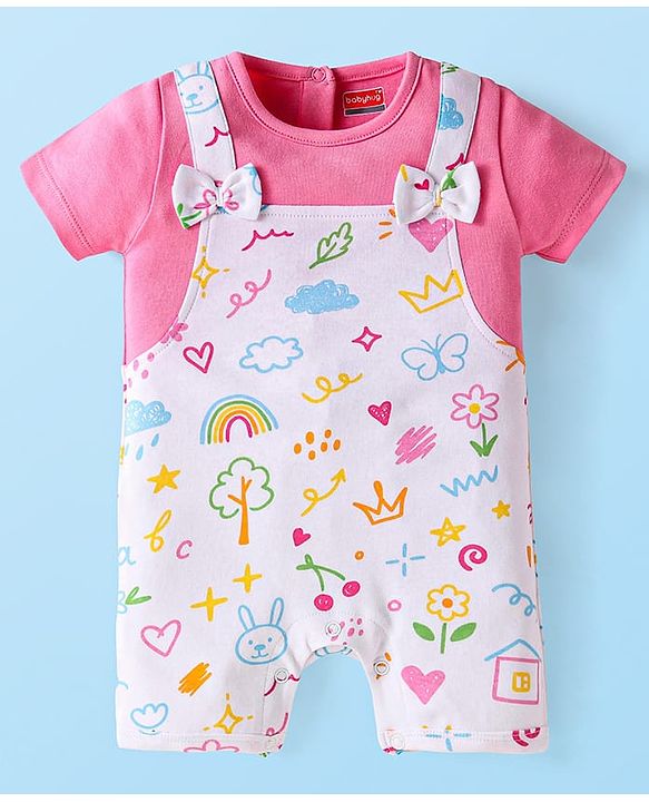 Babyhug Interlock Knit Half Sleeves Printed Romper With Bow Applique - Pink & White