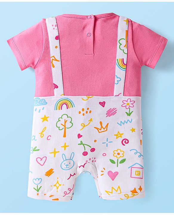 Babyhug Interlock Knit Half Sleeves Printed Romper With Bow Applique - Pink & White