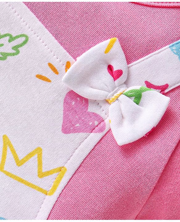 Babyhug Interlock Knit Half Sleeves Printed Romper With Bow Applique - Pink & White