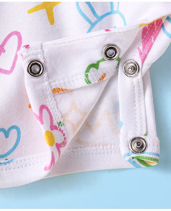 Babyhug Interlock Knit Half Sleeves Printed Romper With Bow Applique - Pink & White