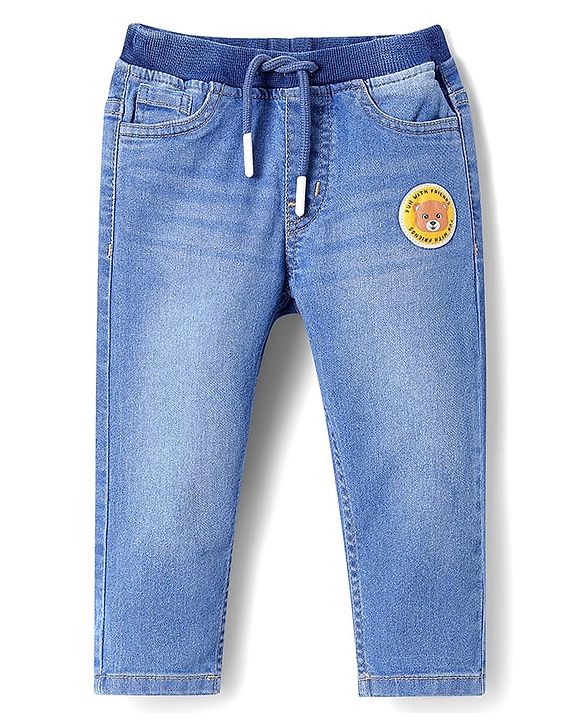 Babyhug Full Length Washed Denim Jeans With Teddy Bear Patch & Stretch - Blue