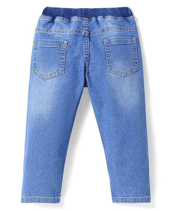 Babyhug Full Length Washed Denim Jeans With Teddy Bear Patch & Stretch - Blue
