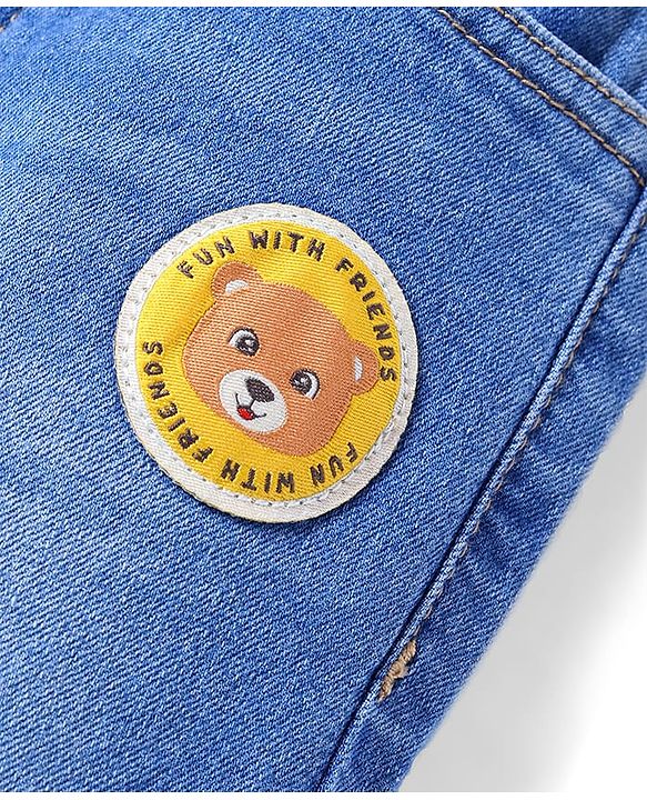 Babyhug Full Length Washed Denim Jeans With Teddy Bear Patch & Stretch - Blue