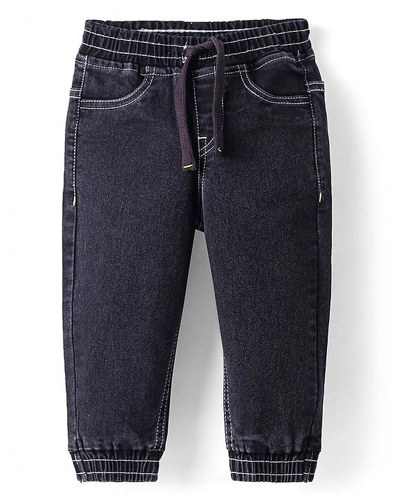 Babyhug Full Length Washed Denim Joggers With Stretch - Black