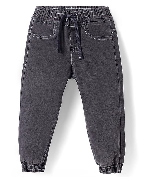 Babyhug Full Length Washed Denim Joggers With Stretch - Grey
