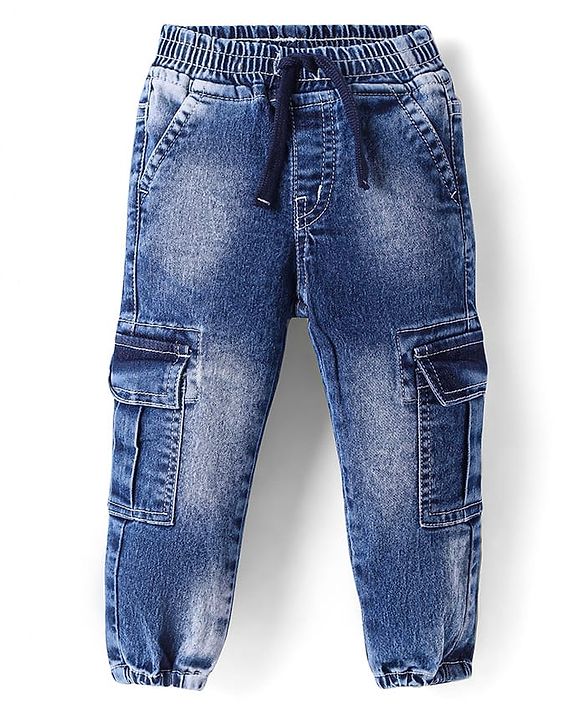 Babyhug Cotton Denim Full Length Washed Joggers With Stretch & Cargo Pockets - Blue
