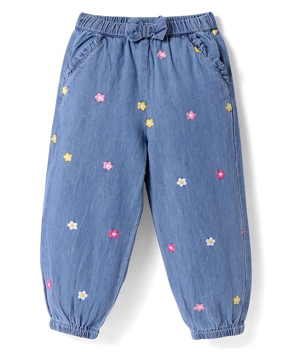 Babyhug Full Length Denim Jeans With Floral Embroidery & Bow Applique - Blue