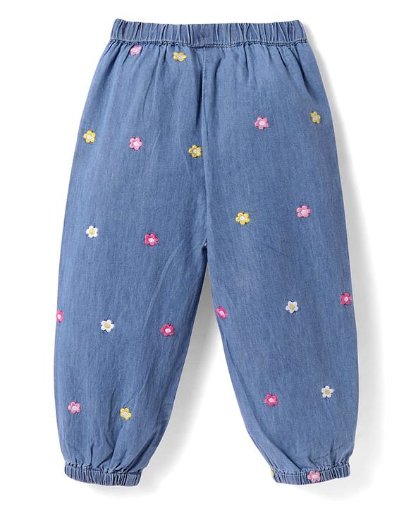 Babyhug Full Length Denim Jeans With Floral Embroidery & Bow Applique - Blue