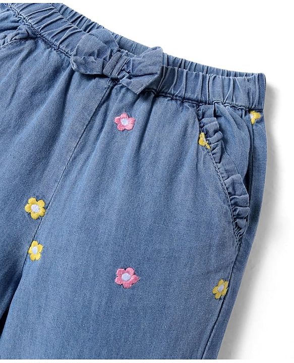 Babyhug Full Length Denim Jeans With Floral Embroidery & Bow Applique - Blue