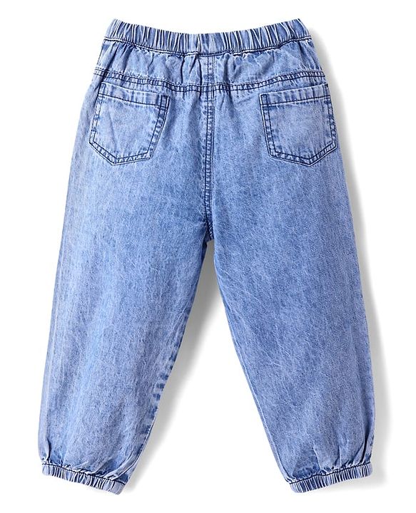 Babyhug Denim Full Length Jogger With Heart Embroidery & Bow Applique - Light Blue