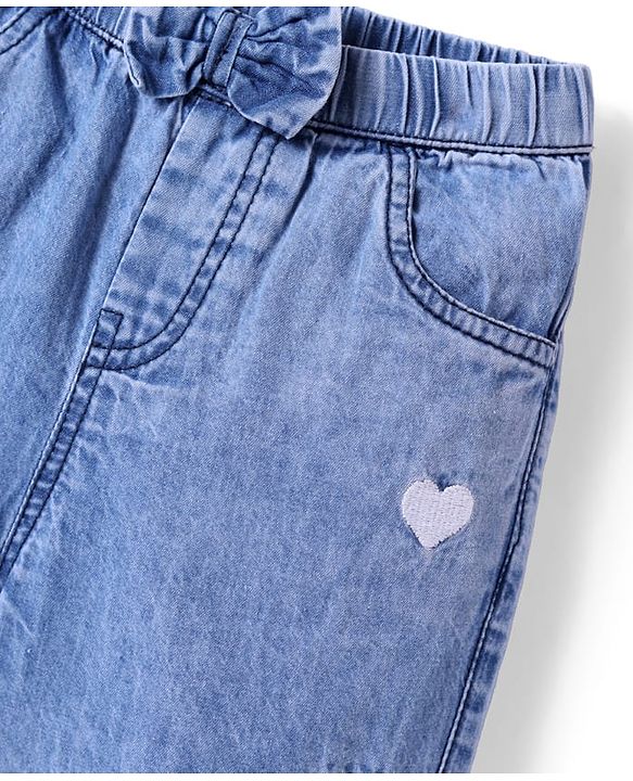 Babyhug Denim Full Length Jogger With Heart Embroidery & Bow Applique - Light Blue