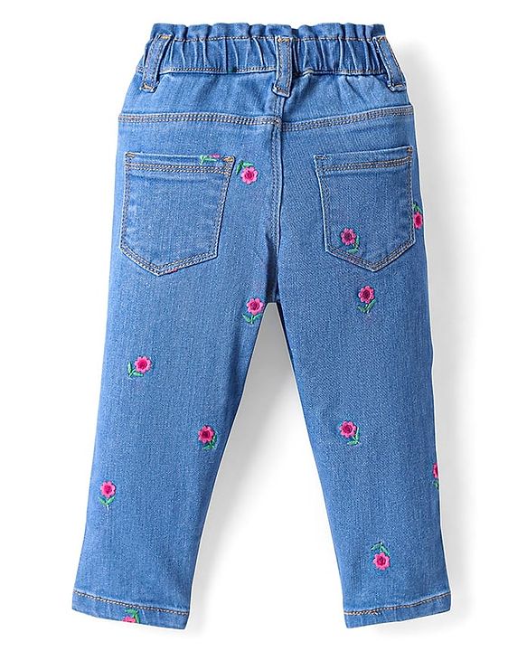 Babyhug Full Length Stretchable Denim Jeans with Floral Embroidery - Blue